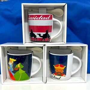 NWT Collection of 3 cups & spoon of coffee alluding to the three wisemen of PR.